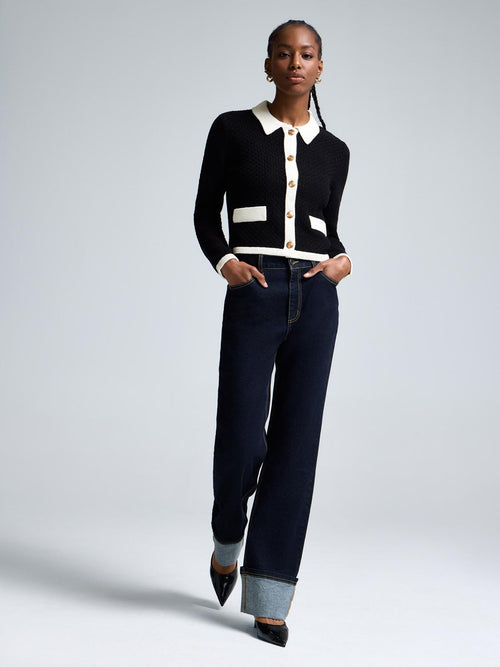 Contrast Collared Basketweave Cardigan