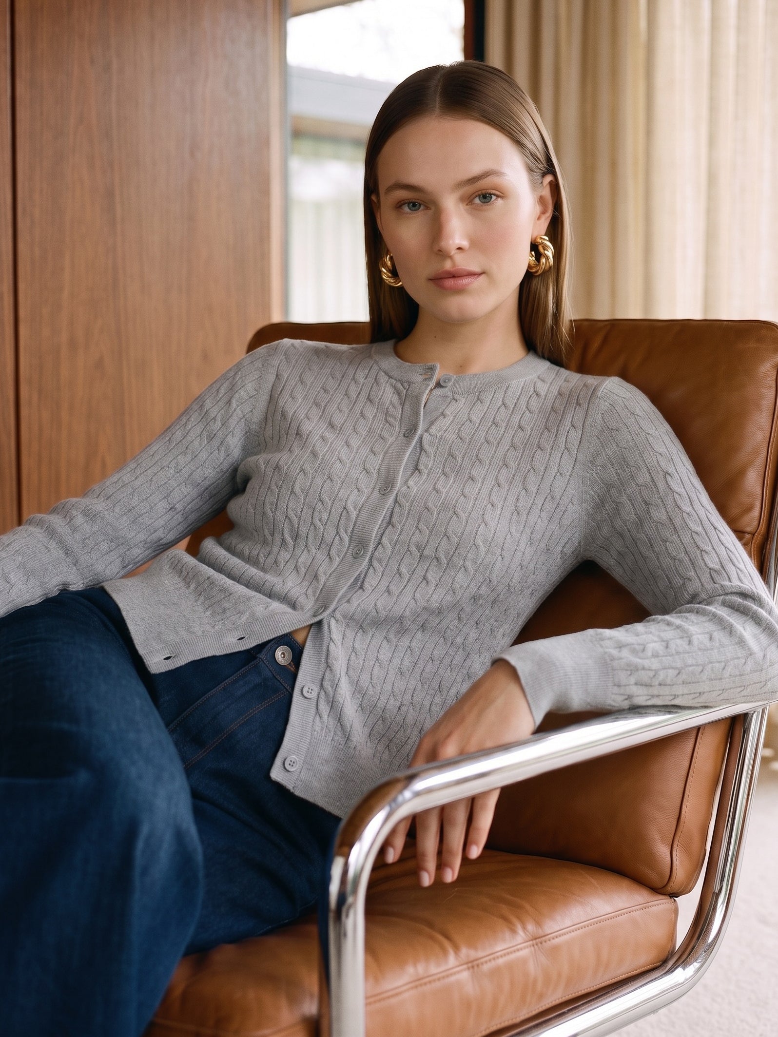 Lunar Melange Cable Knit Button-Front Cardigan - Front View - Suzy Shier
