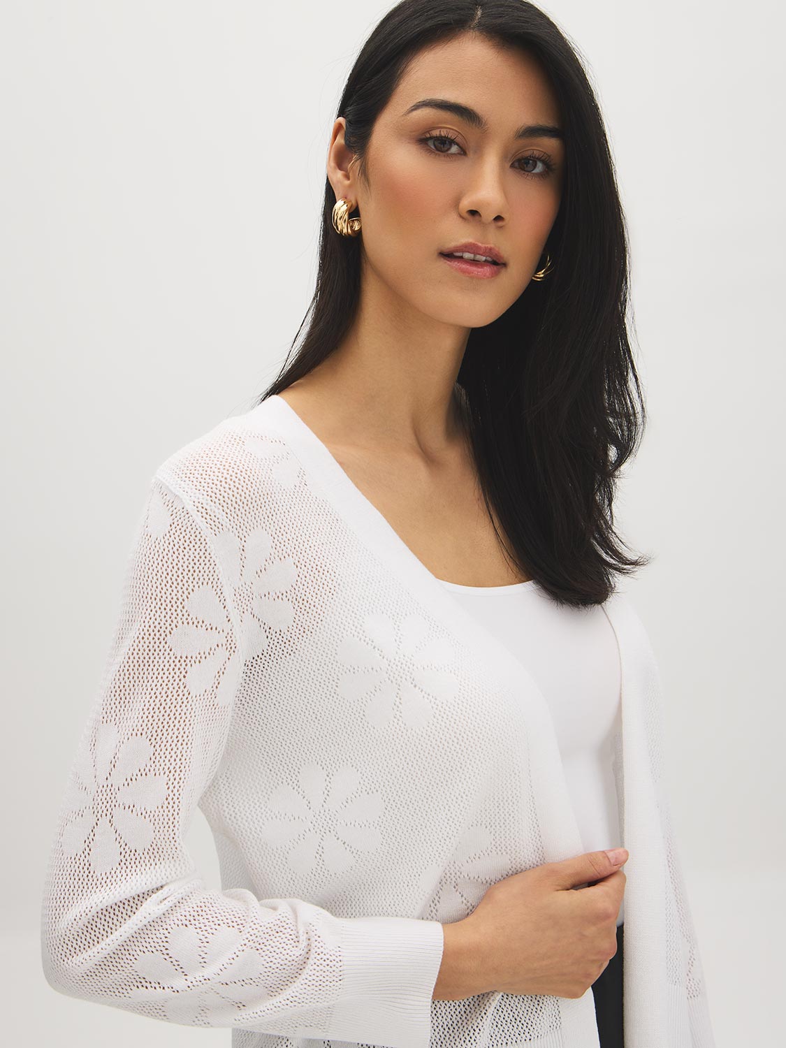 White Knit Crochet Open Cardigan Sweater - Woman Wearing Lightweight Layer - Suzy Shier