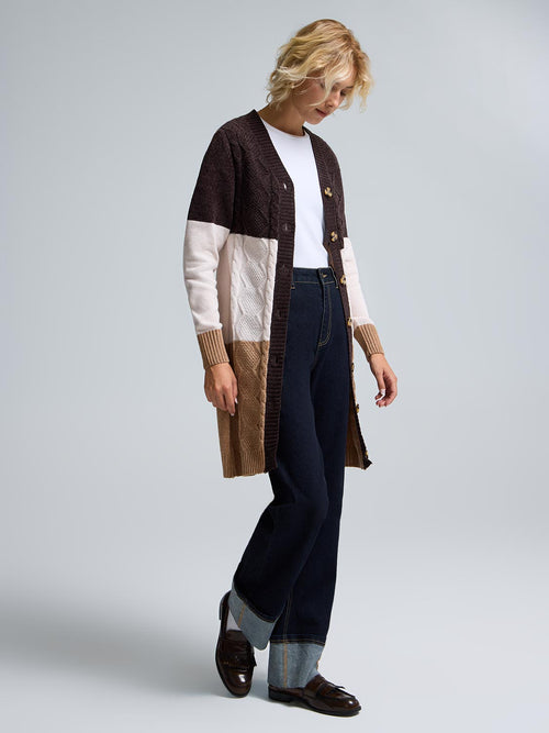 Chenille Colour Block Long Cardigan