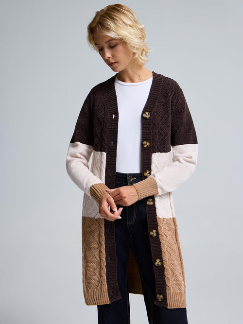 Chenille Colour Block Long Cardigan