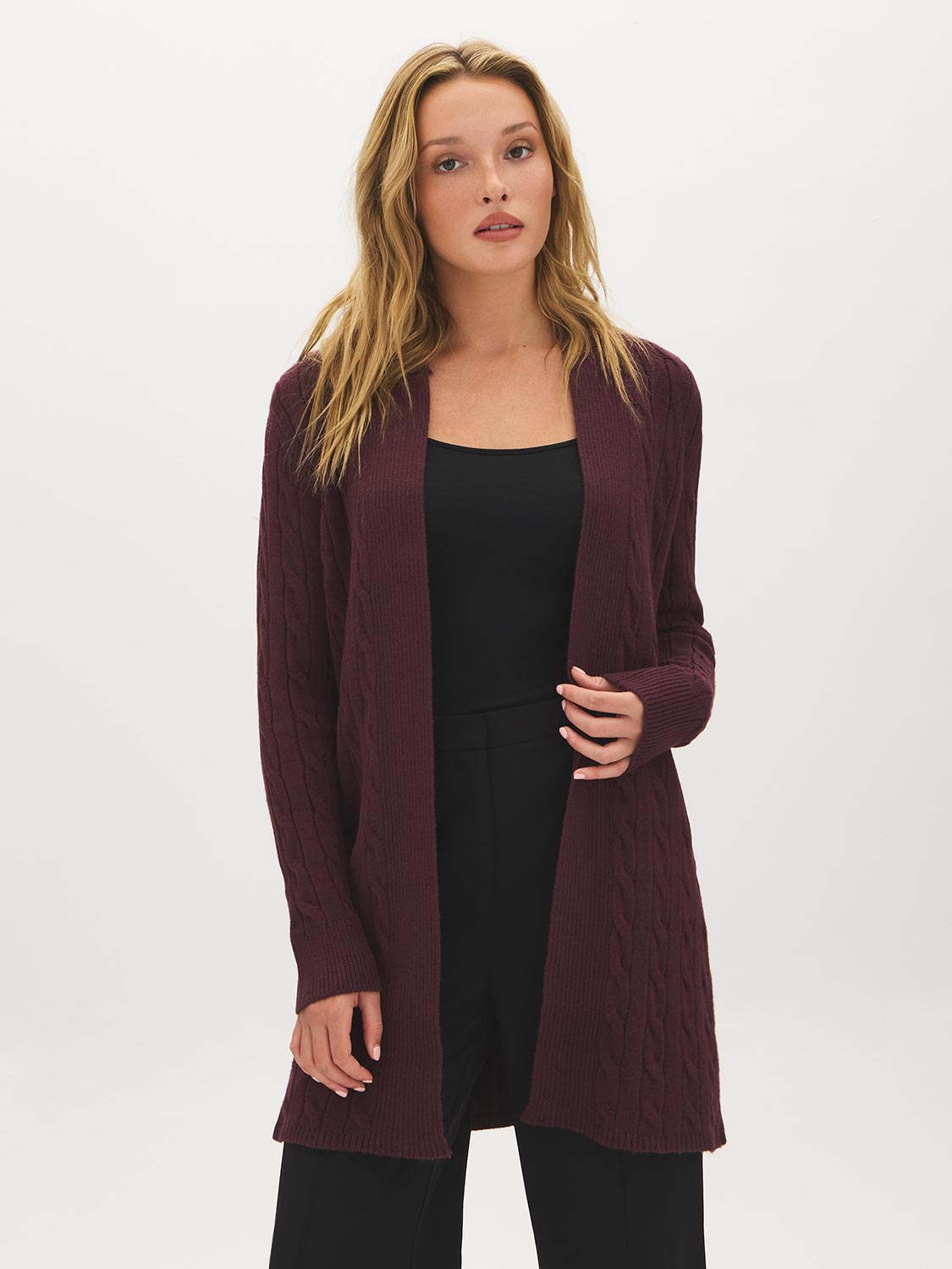 Merlot Long Cable Knit Open Cardigan - Woman Wearing Textured Knit Sweater - Suzy Shier
