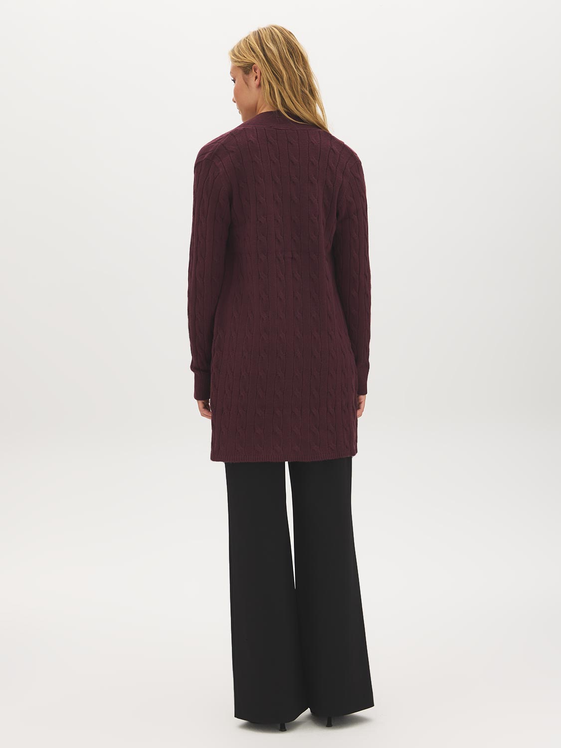 Merlot Long Cable Knit Open Cardigan - Woman Wearing Textured Knit Sweater - Suzy Shier