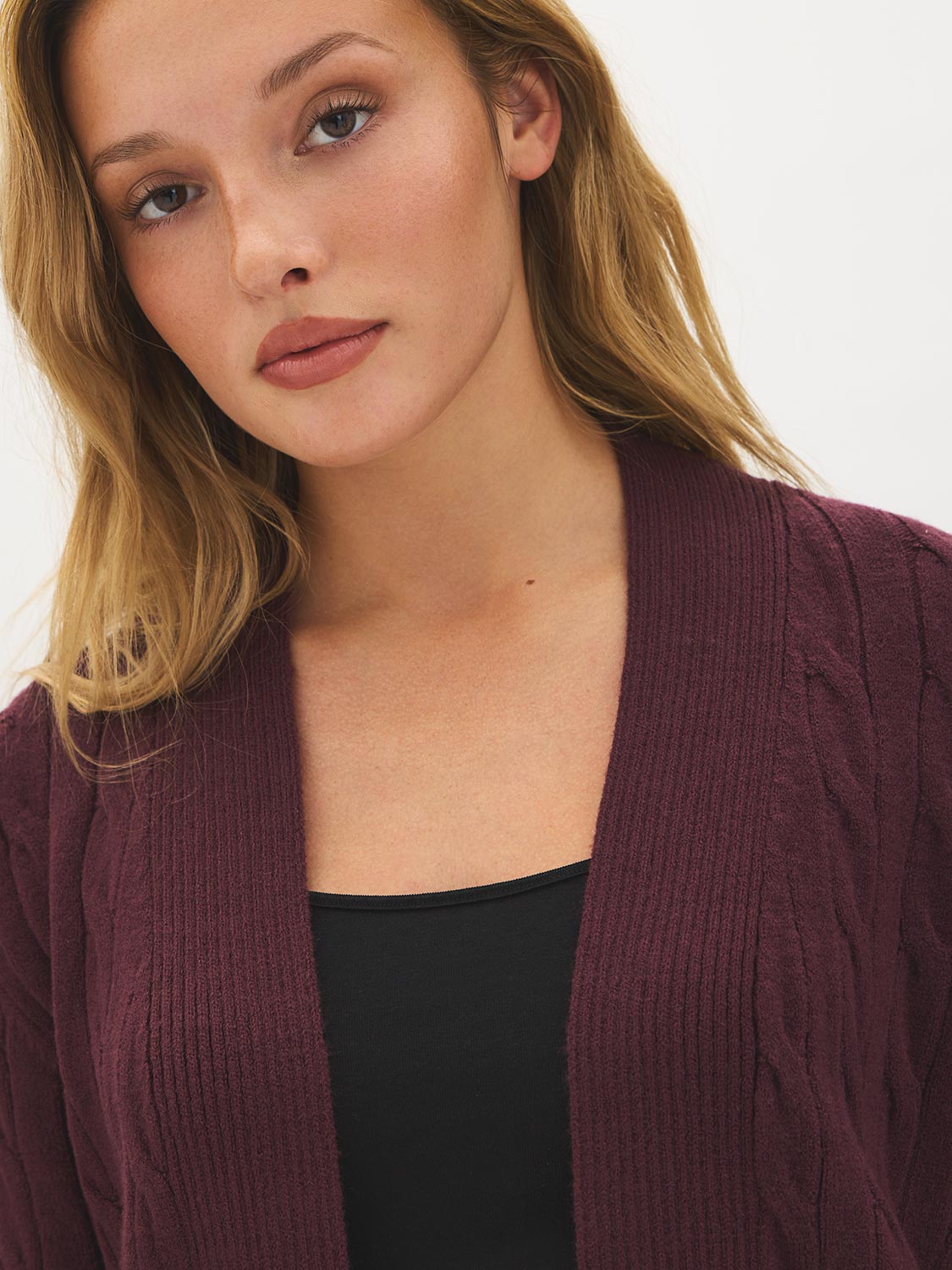 Merlot Long Cable Knit Open Cardigan - Woman Wearing Textured Knit Sweater - Suzy Shier