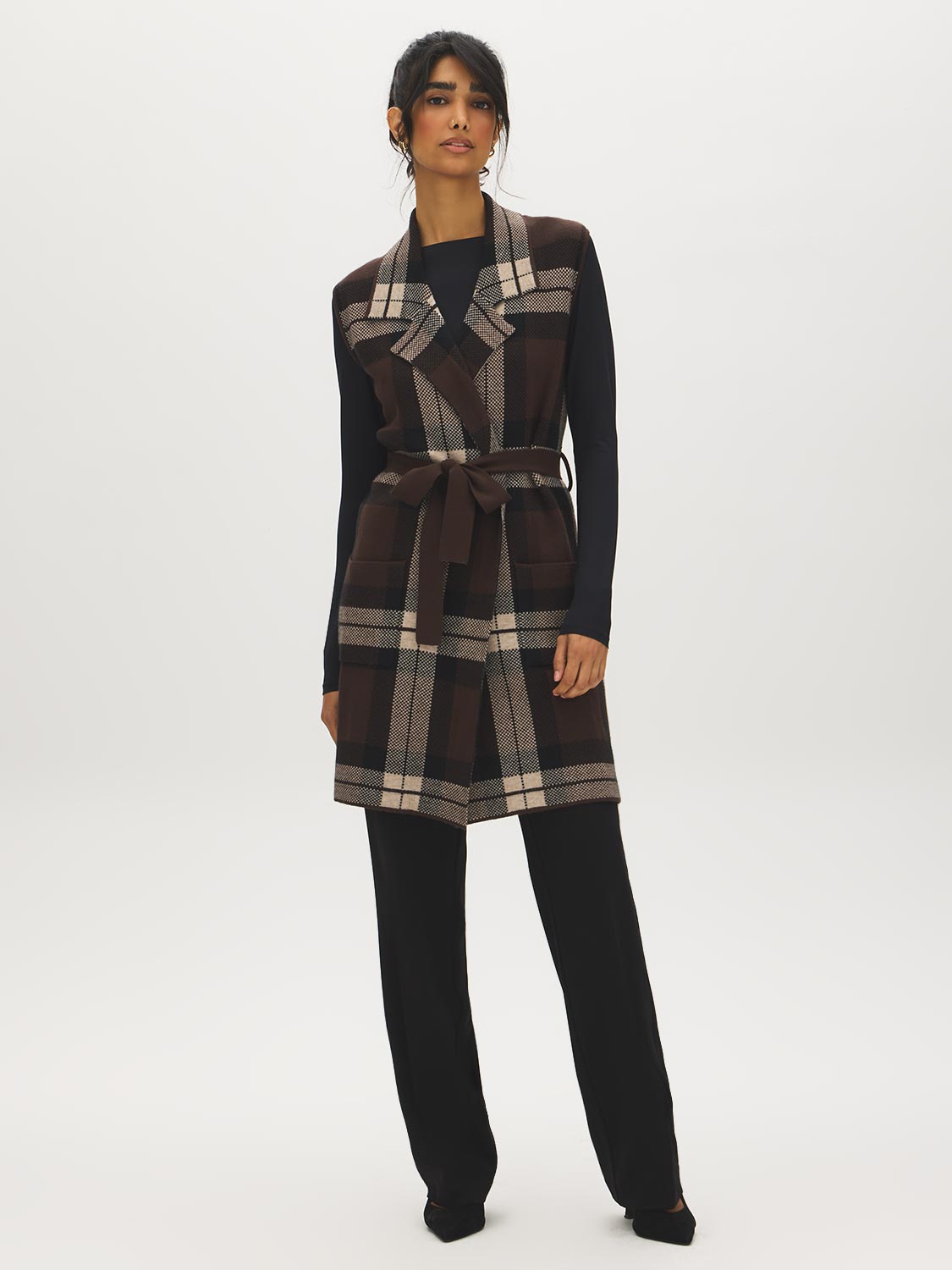 Brown/Black/Tan Jacquard Sleeveless Duster - Woman Wearing Longline Knit Vest - Suzy Shier