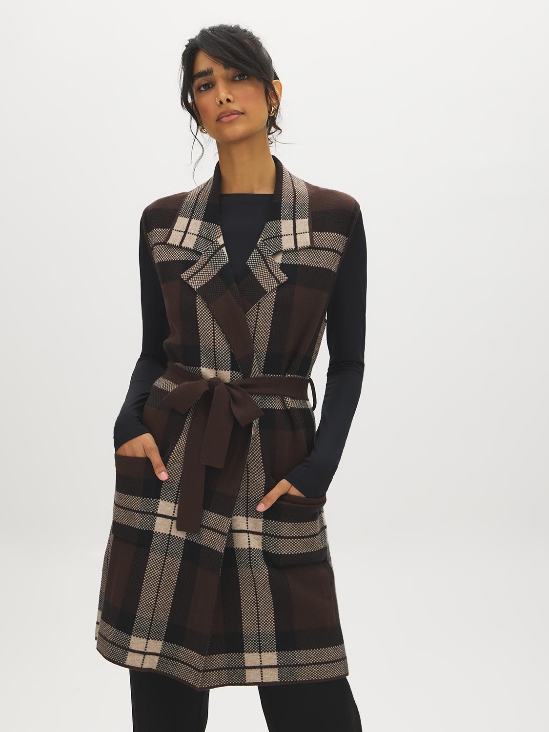 Brown/Black/Tan Jacquard Sleeveless Duster - Woman Wearing Longline Knit Vest - Suzy Shier