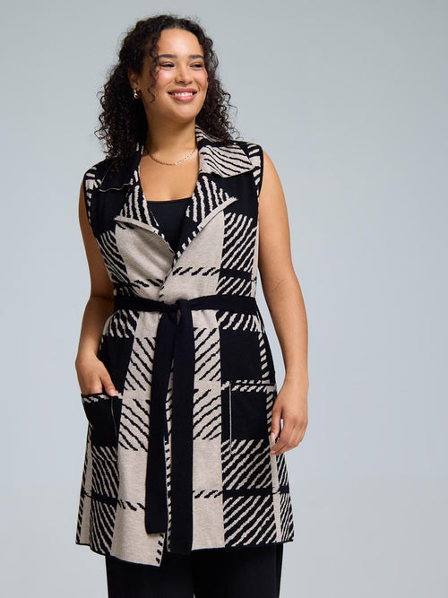Sleeveless Belted Collared Plaid Duster