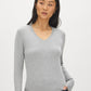Lunar Melange V-Neck Knit Sweater with Ribbed Cuffs - Woman Wearing Soft Knit Top - Suzy Shier