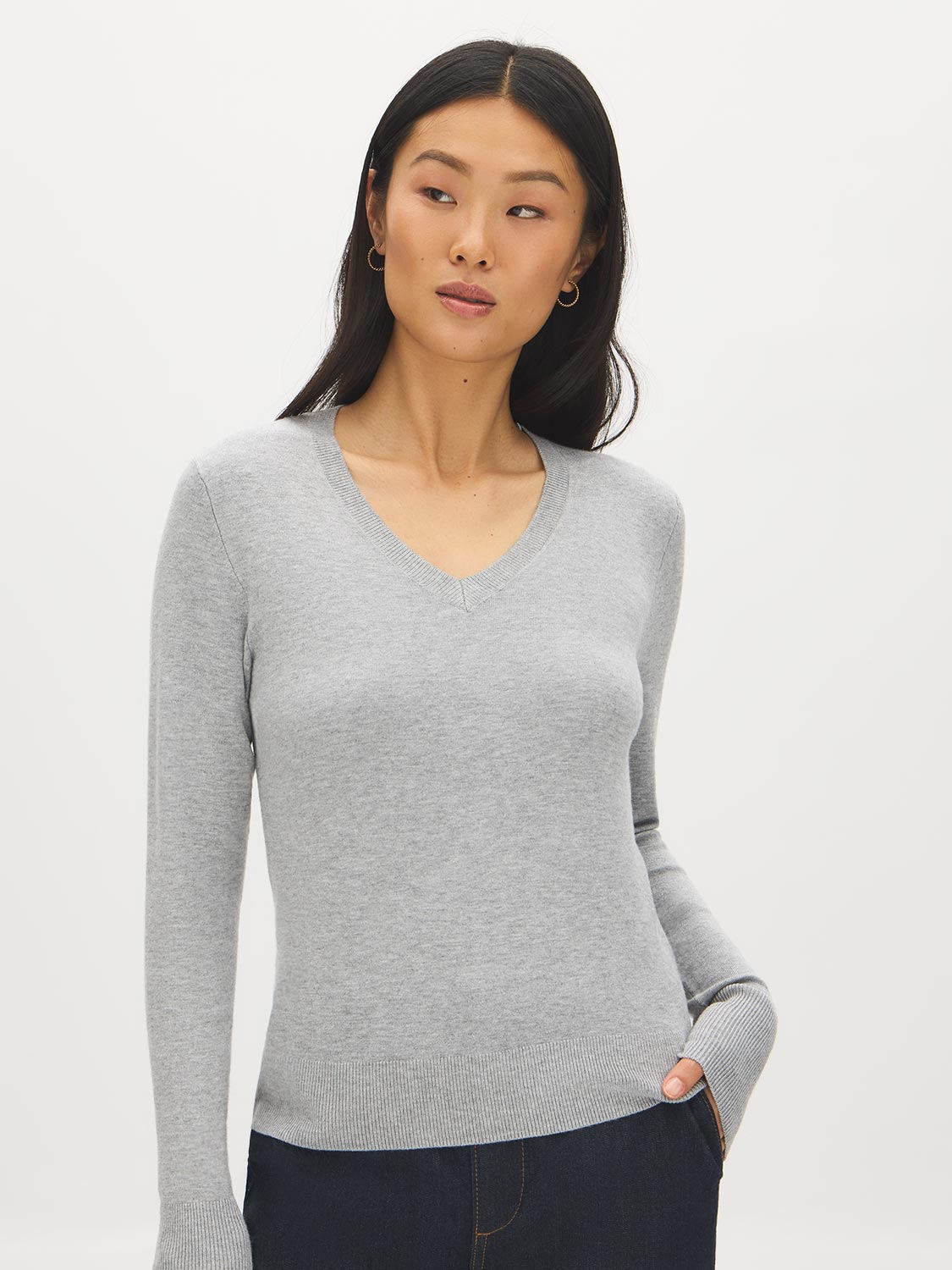 Lunar Melange V-Neck Knit Sweater with Ribbed Cuffs - Woman Wearing Soft Knit Top - Suzy Shier