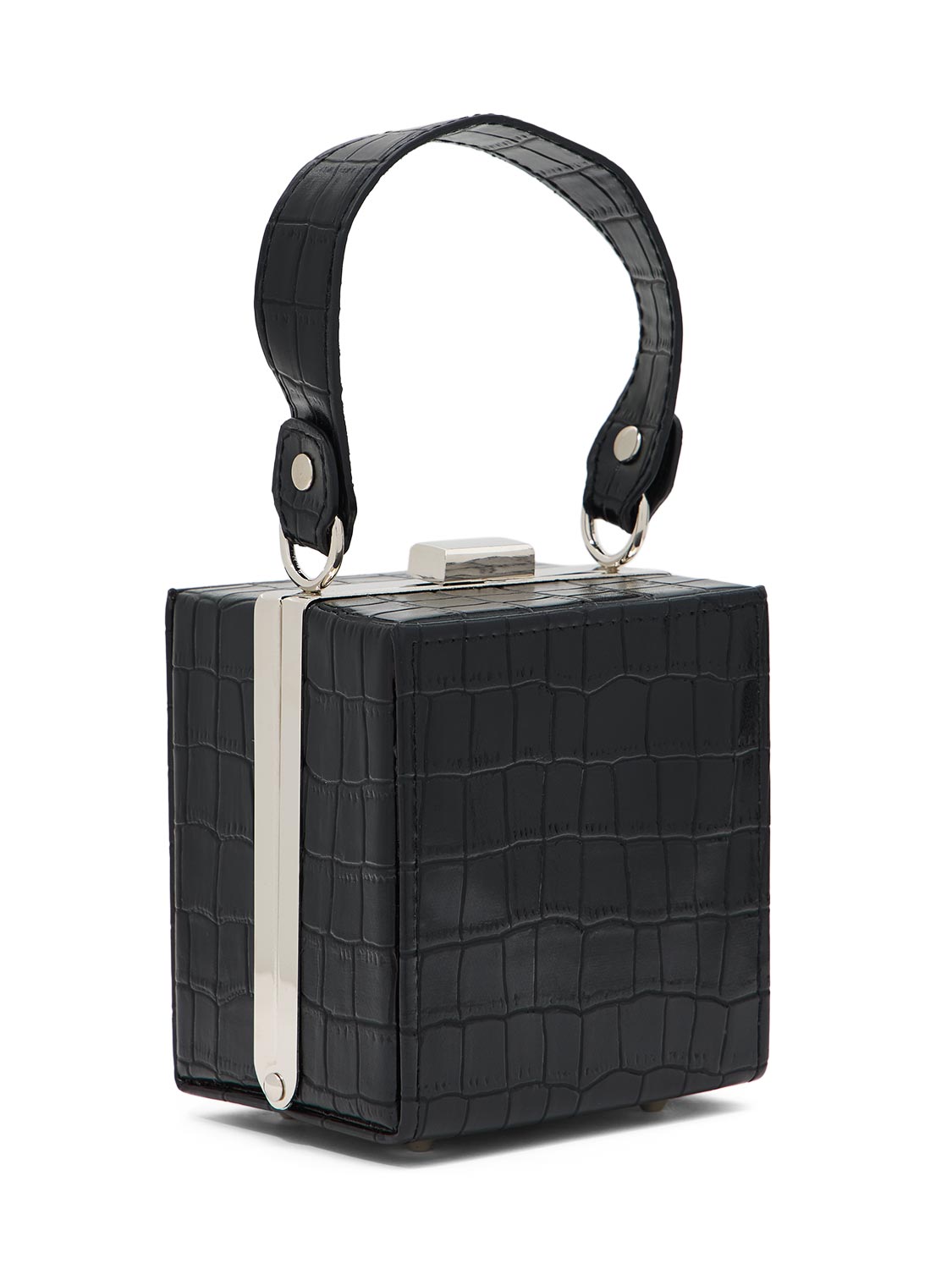 Black/Silver Faux Leather Croco Minaudière - Jewel Bow Detail with Top Handle - Le Chateau