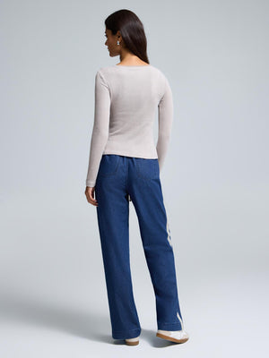 Haut de pyjama finement côtelé avec bordure en dentelle Lt Brown