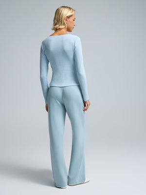 Haut de pyjama finement côtelé avec bordure en dentelle Provence Blue