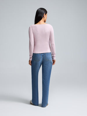 Haut de pyjama finement côtelé avec bordure en dentelle Pink Dust