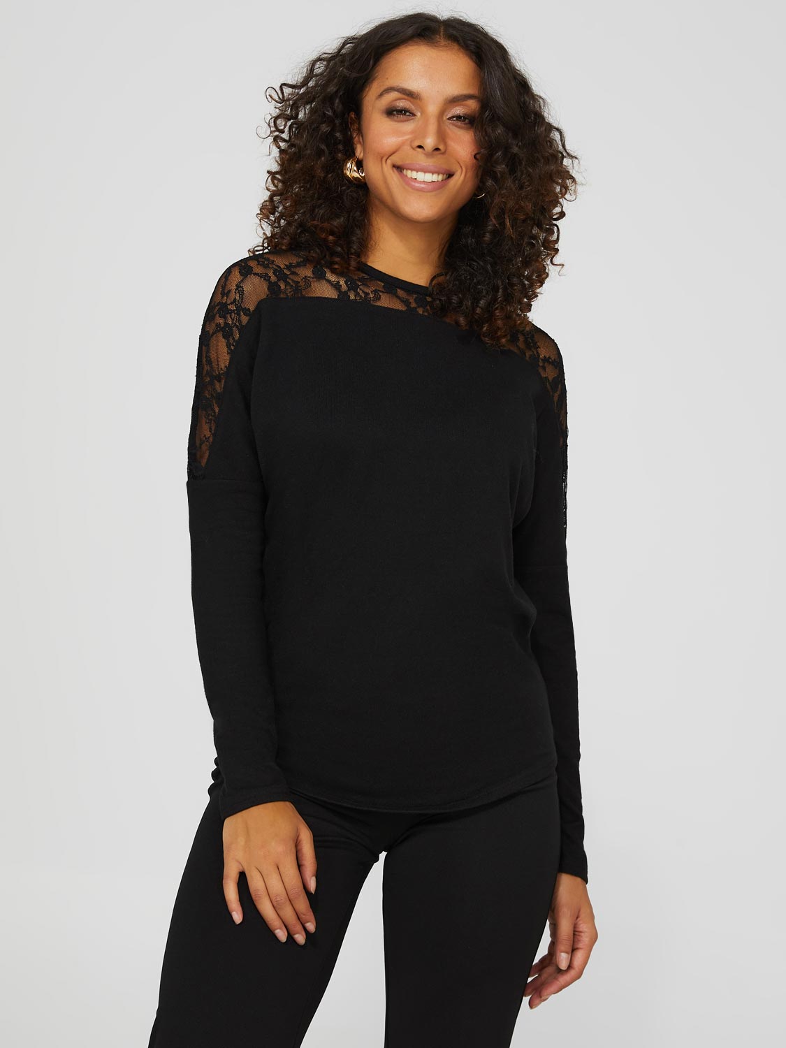 Dolman Sleeve Crew Neck Top With Sheer Lace Details – Suzy Shier