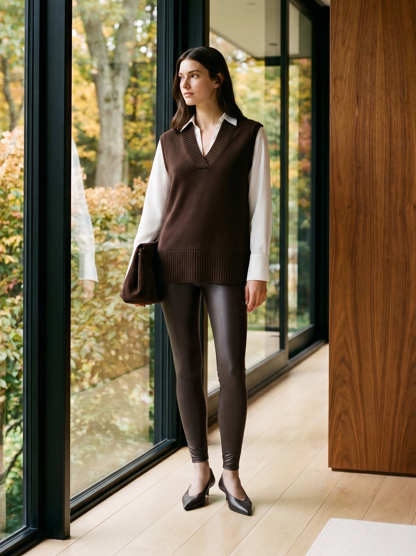 Coffee Bean Melange Hacci Knit 2fer Top with Poplin Sleeves - Woman Wearing Layered Long Sleeve Top - Suzy Shier