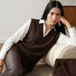 Coffee Bean Melange Hacci Knit 2fer Top with Poplin Sleeves - Woman Wearing Layered Long Sleeve Top - Suzy Shier