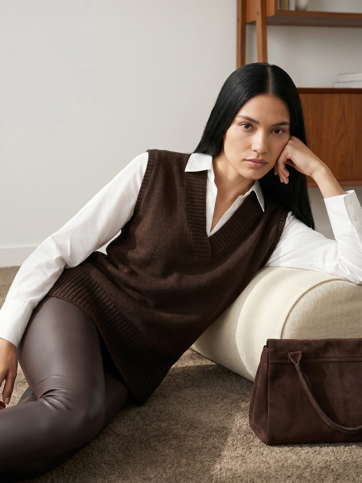 Coffee Bean Melange Hacci Knit 2fer Top with Poplin Sleeves - Woman Wearing Layered Long Sleeve Top - Suzy Shier
