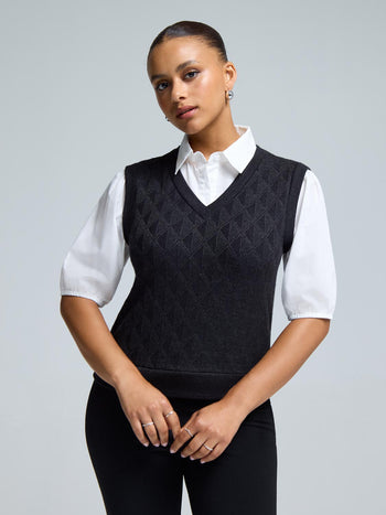 2-Fer Jacquard Knit With Poplin Blouse Black