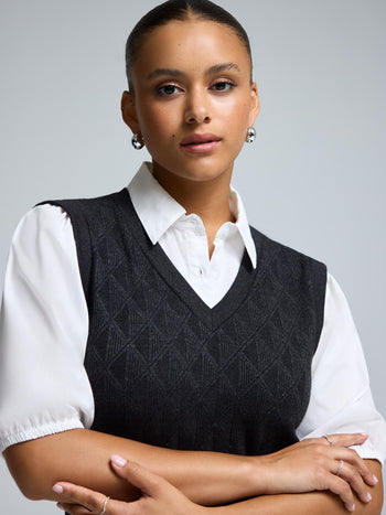 2-Fer Jacquard Knit With Poplin Blouse Black