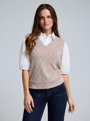 2-Fer Jacquard Knit With Poplin Blouse Brown