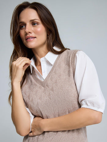 2-Fer Jacquard Knit With Poplin Blouse Brown