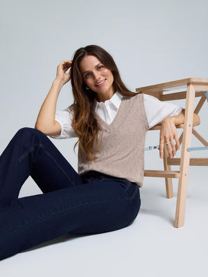 2-Fer Jacquard Knit With Poplin Blouse Brown