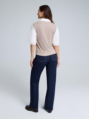 2-Fer Jacquard Knit With Poplin Blouse Brown