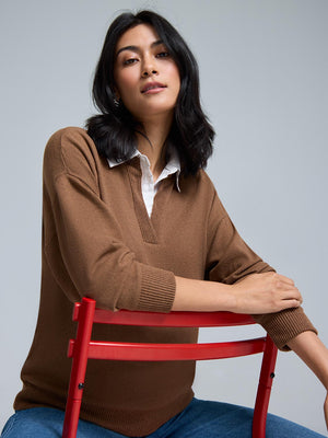 Poplin Collar Melange Top Amber Brown