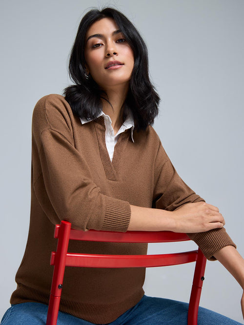 Poplin Collar Melange Top