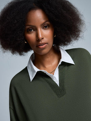 Poplin Collar Melange Top Dk Green