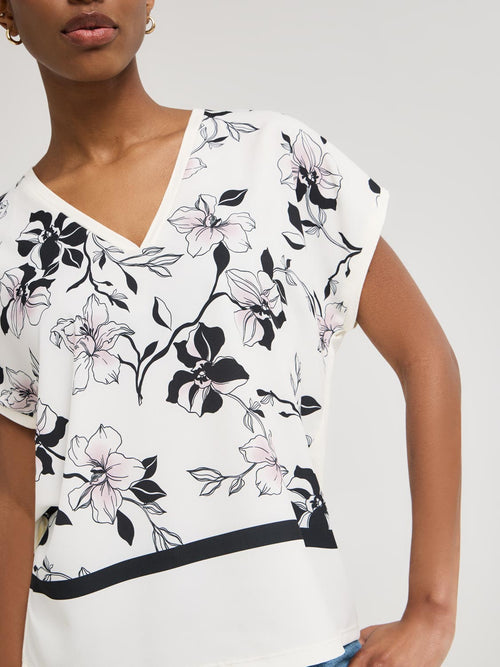 Satin Floral Border Print V-Neck Top