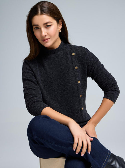 Button Detail Mock Neck Tunic Sweater