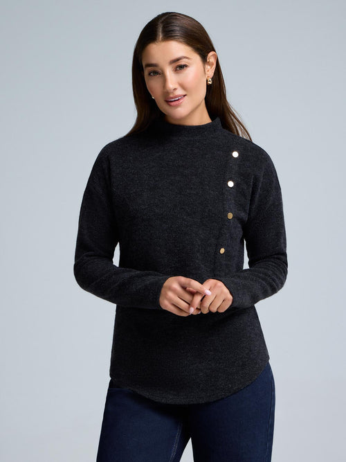 Button Detail Mock Neck Tunic Sweater
