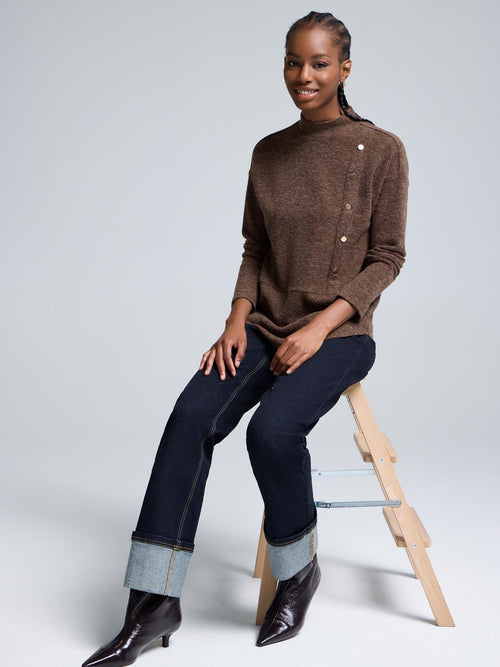 Button Detail Mock Neck Tunic Sweater