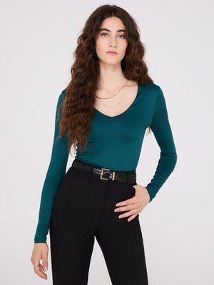 Double Layer V-Neck Long Sleeve Top Dk Green