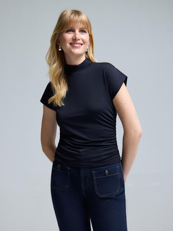 Double Layer Ruched Mock Neck Top Black