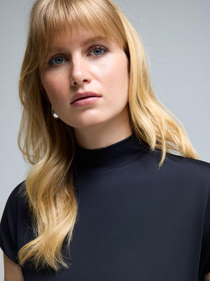 Double Layer Ruched Mock Neck Top Black