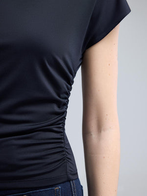 Double Layer Ruched Mock Neck Top Black