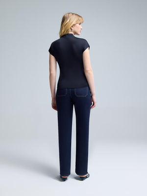 Double Layer Ruched Mock Neck Top Black