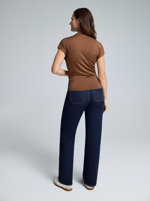 Double Layer Ruched Mock Neck Top Brown