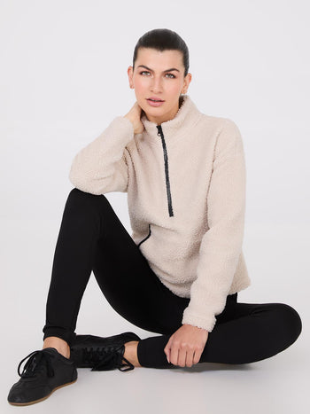 Contrast Piping Half-Zip Sherpa Sweater Sand