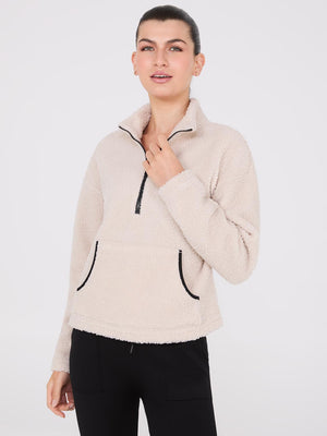 Contrast Piping Half-Zip Sherpa Sweater Sand