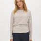 Bison/Snow White Striped Boat Neck Knit Top - Woman Wearing Long Sleeve Striped Top - Suzy Shier