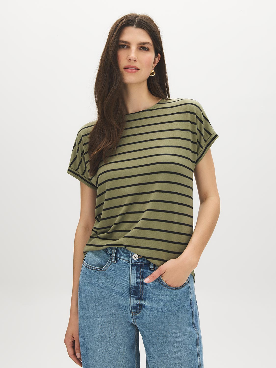 Striped Melange Cuffed Sleeve Tee - Suzy Shier