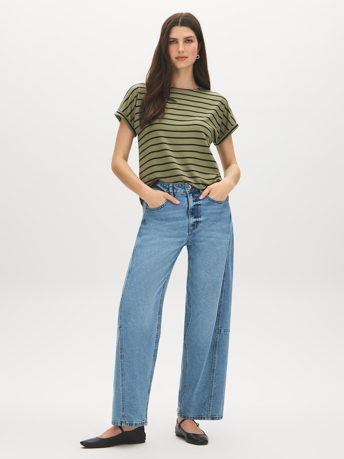 Striped Melange Cuffed Sleeve Tee - Suzy Shier