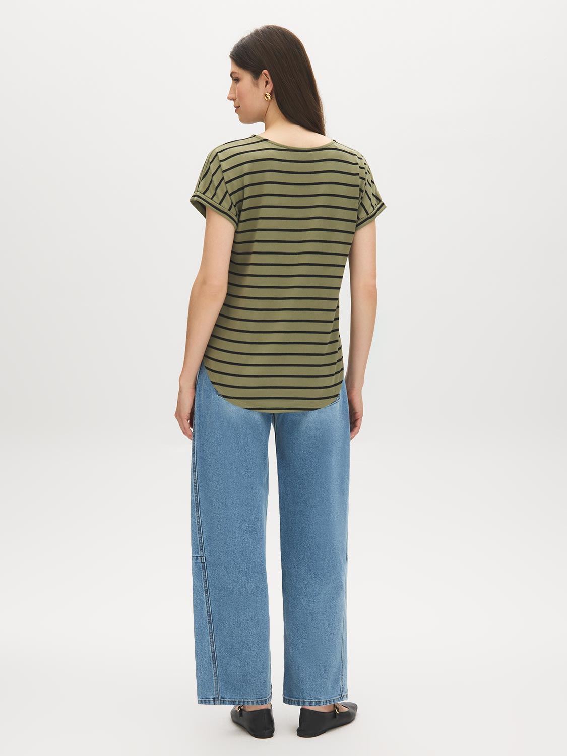 Striped Melange Cuffed Sleeve Tee - Suzy Shier