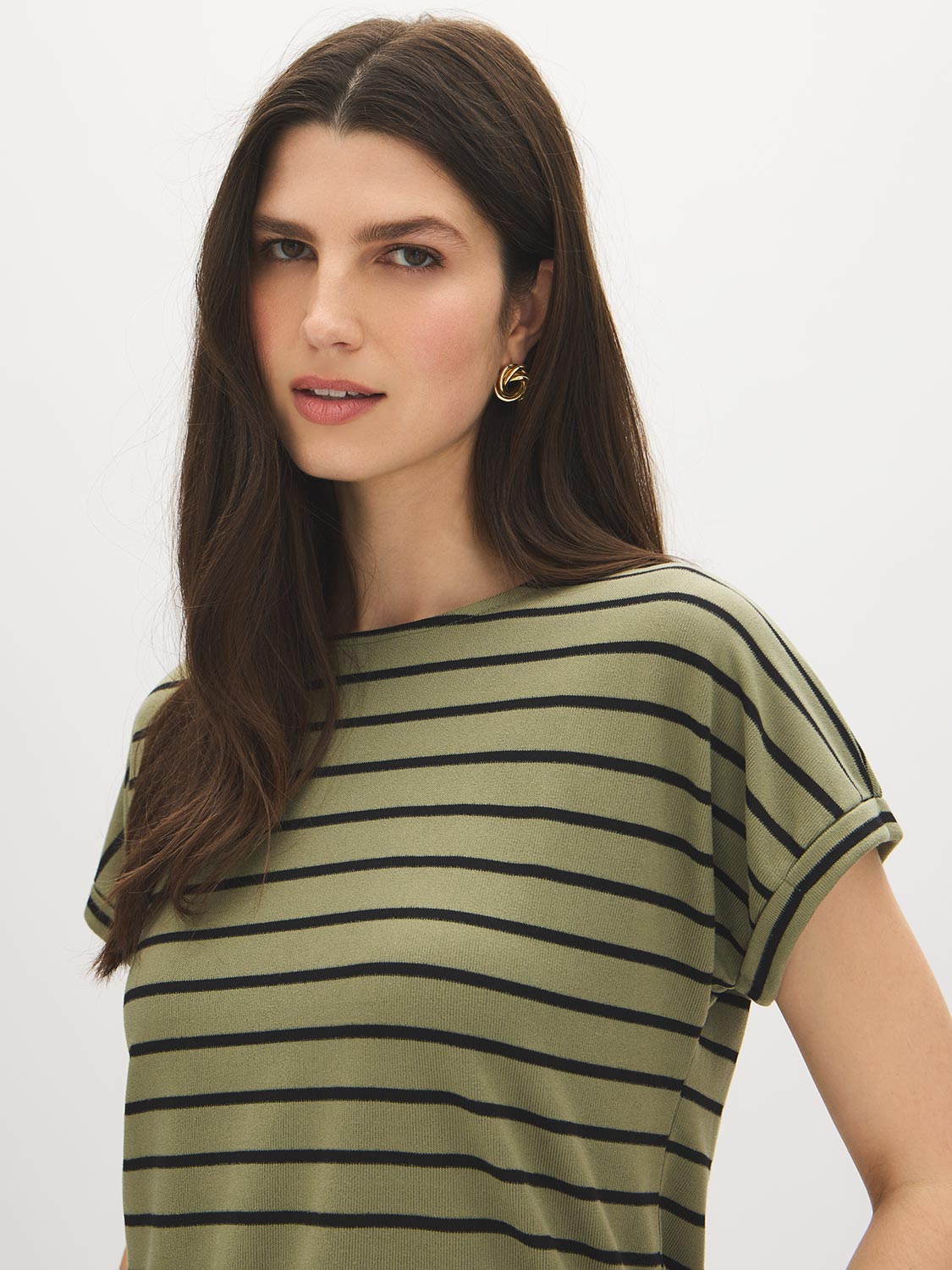 Striped Melange Cuffed Sleeve Tee - Suzy Shier