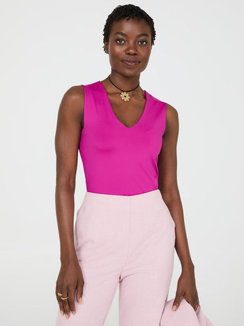 Rounded V-Neck Jersey Tank Top Fuchsia