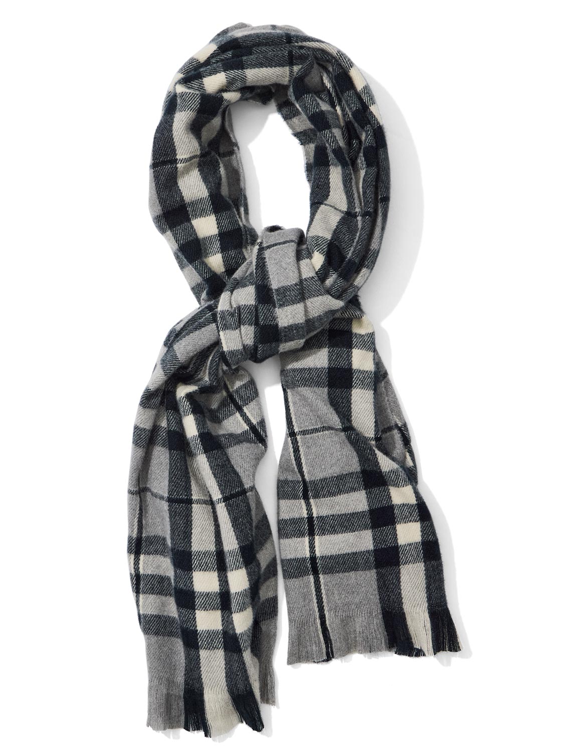Grey/Black Plaid Scarf with Fringes - Close-up of Woven Texture and Fringe Detail - Suzy Shier
