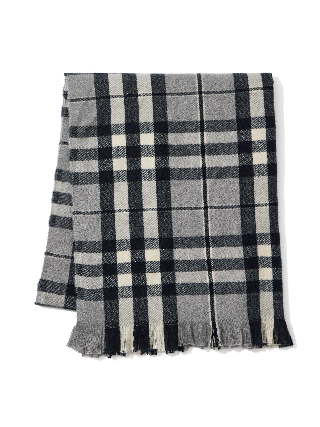 Grey/Black Plaid Scarf with Fringes - Close-up of Woven Texture and Fringe Detail - Suzy Shier